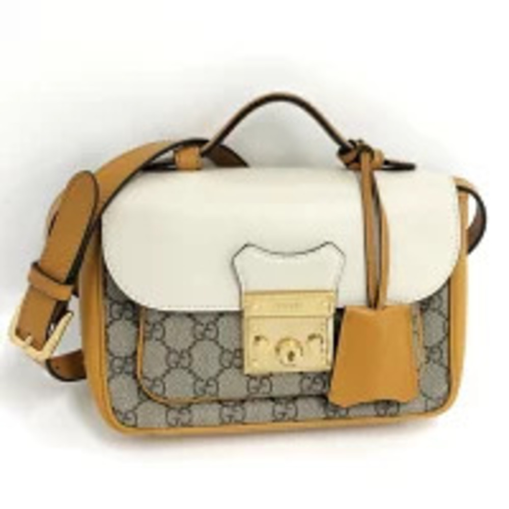 GUCCI Padlock Shoulder Bag GG Supreme Leather Greige Gray Yellow